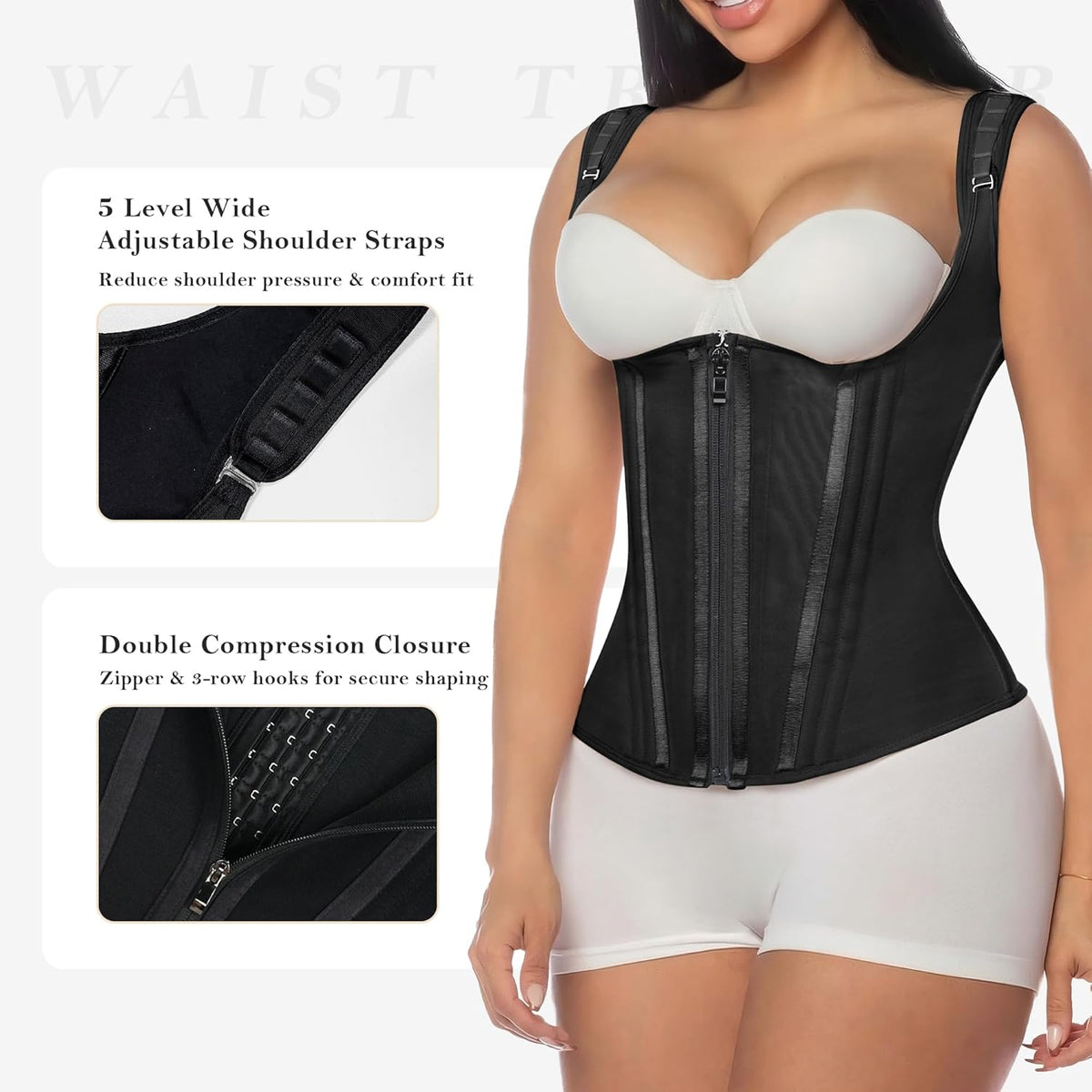 Women’s Waist Trainer Corset – Tummy Control Underbust Waist Cincher with Zipper & Hooks