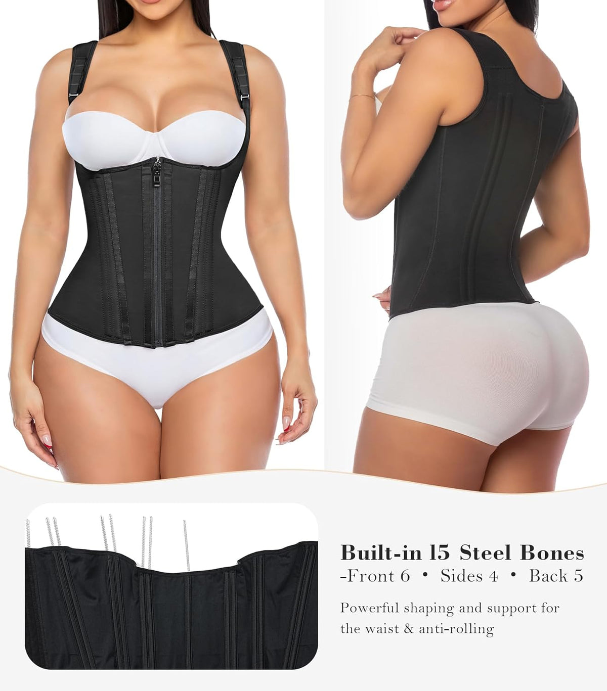 Women’s Waist Trainer Corset – Tummy Control Underbust Waist Cincher with Zipper & Hooks
